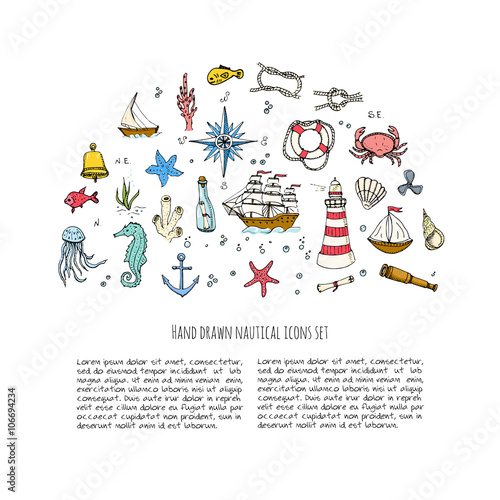 Hand drawn doodle Boat and Sea set Vector illustration boat icons sea life concept elements Ship symbols collection Marine life Nautical design Underwater life Sea animals Sea map Spyglass Magnifier