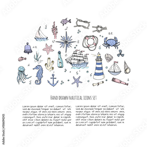 Hand drawn doodle Boat and Sea set Vector illustration boat icons sea life concept elements Ship symbols collection Marine life Nautical design Underwater life Sea animals Sea map Spyglass Magnifier