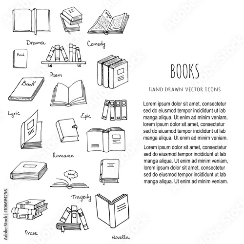 Hand drawn doodle Books Reading set Vector illustration Sketchy book icons elements Vector symbols of reading and learning Book club illustration Back to school Education University College symbols
