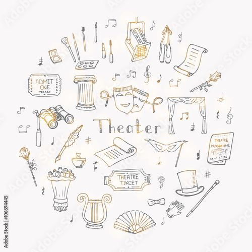 Hand drawn doodle Theatre set Vector illustration Sketchy theater icons  Theatre acting performance elements Ticket Masks Lyra Flowers Curtain stage Musical notes Pointe shoes Make-up artist tools