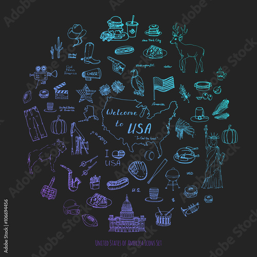Hand drawn doodle USA set Vector illustration Sketchy american icons United States of America elements Flag Statue of Liberty Eagle Fast food Corn Skyscraper Deer Bison Cowboy hat boot Native American