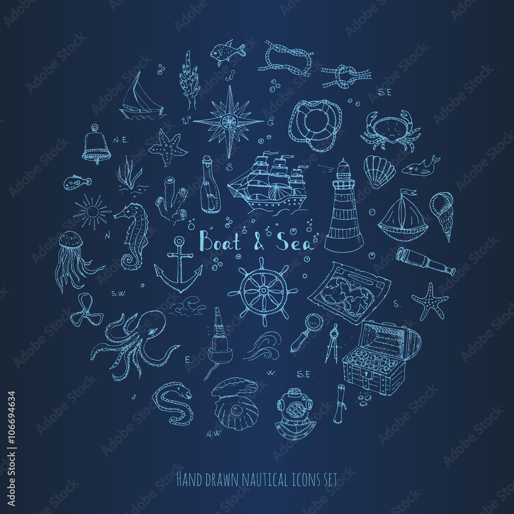 Hand drawn doodle Boat and Sea set Vector illustration boat icons sea life concept elements Ship symbols collection Marine life Nautical design Underwater life Sea animals Sea map Spyglass Magnifier Hand drawn doodle Boat and Sea set Vector illustration boat icons sea life concept elements Ship symbols collection Marine life Nautical design Underwater life Sea animals Sea map Spyglass Magnifier