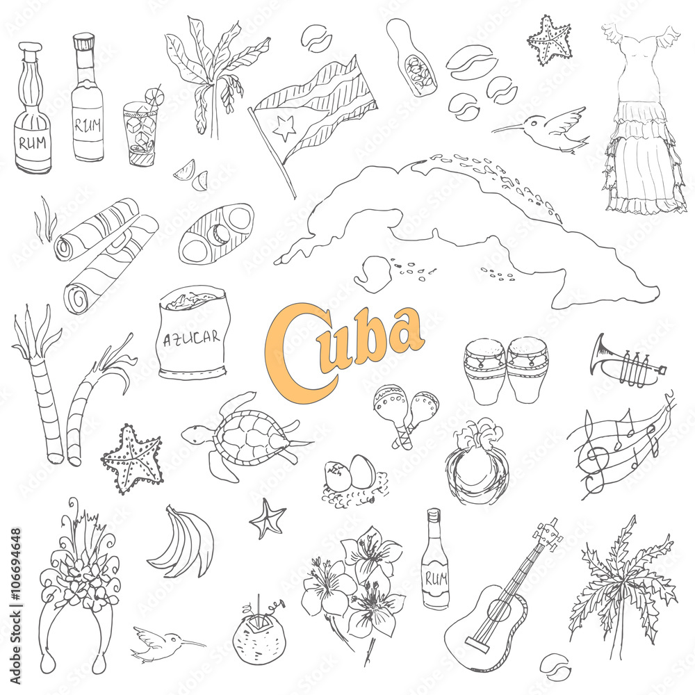 Set of hand drawn Cuba icons, Cuban sketch illustration, doodle elements, Isolated national elements made in vector. Travel to Cuba icons for cards and web pages Caribbean cartoon icons collection