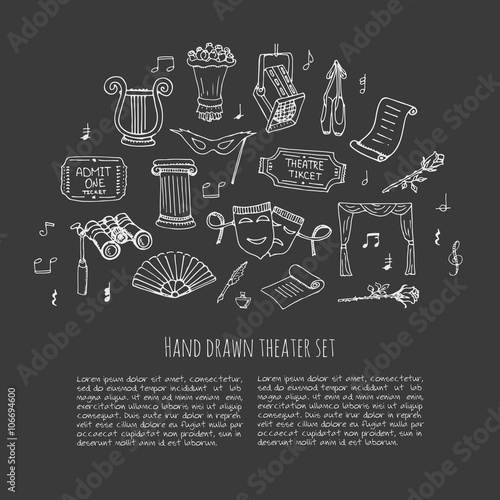 Hand drawn doodle Theatre set Vector illustration Sketchy theater icons  Theatre acting performance elements Ticket Masks Lyra Flowers Curtain stage Musical notes Pointe shoes Make-up artist tools