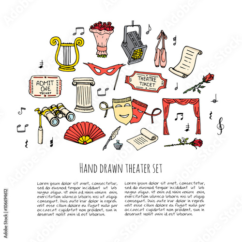 Hand drawn doodle Theatre set Vector illustration Sketchy theater icons  Theatre acting performance elements Ticket Masks Lyra Flowers Curtain stage Musical notes Pointe shoes Make-up artist tools