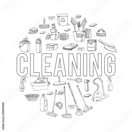 Hand drawn vector cleaning service icons set, Clean symbols, tools, Detergent, broom, sponge, mop, dust pan, brush, bleach, duster, washing liquid, vacuum cleaner, doodle icons, sketch House cleaning