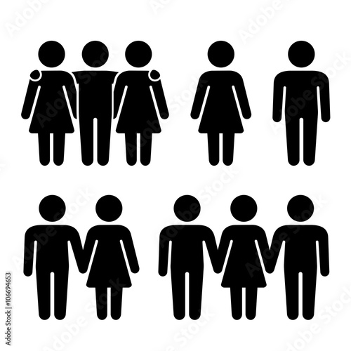 Alone, Couple and Threesome Human Icons Set. Sexual Relationships Combination. Vector