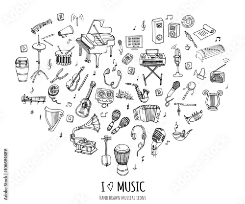 Hand drawn doodle Music set Vector illustration musical instrument and symbols icons collections Cartoon sound concept elements Music notes Piano Guitar Violin Trumpet Drum Gramophone Saxophone Harp