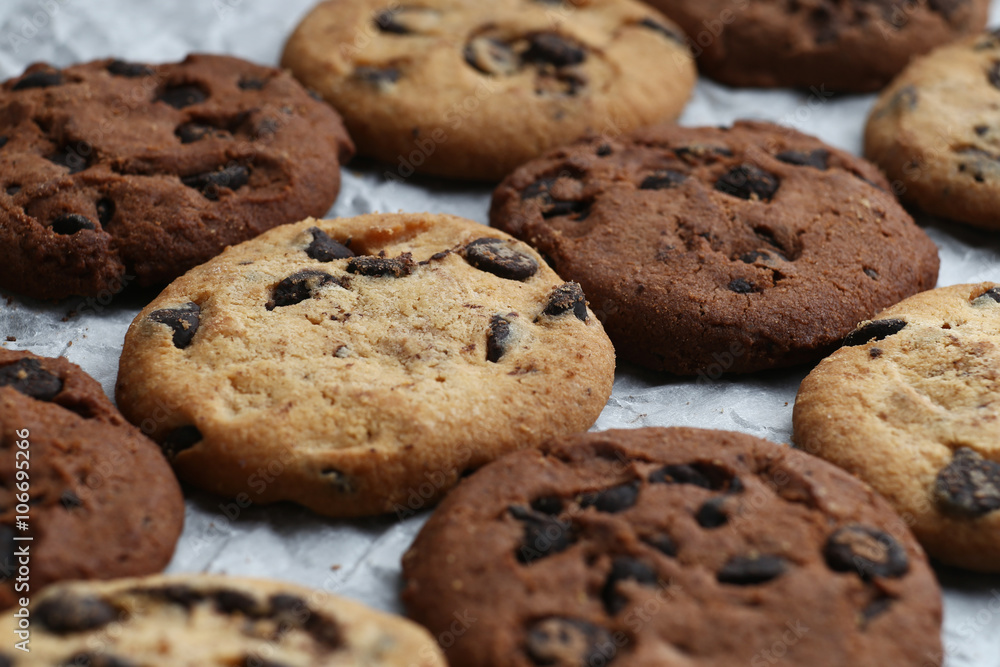 Cookies with chocolate chip assorted. Close up background Cookies with chocolate chip assorted. Close up background