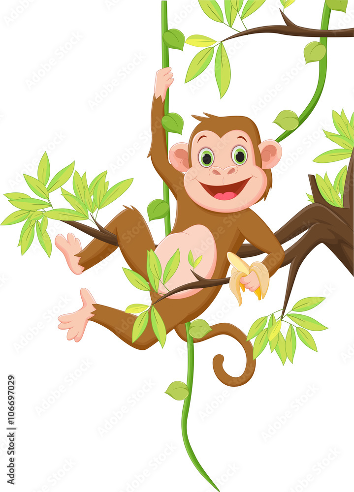 Obraz premium cute monkey hanging on a tree and holding banana
