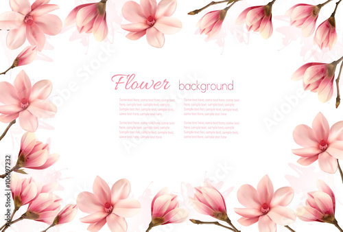 Fototapeta Naklejka Na Ścianę i Meble -  Flower background with a border of pink magnolia blossoms. Vecto