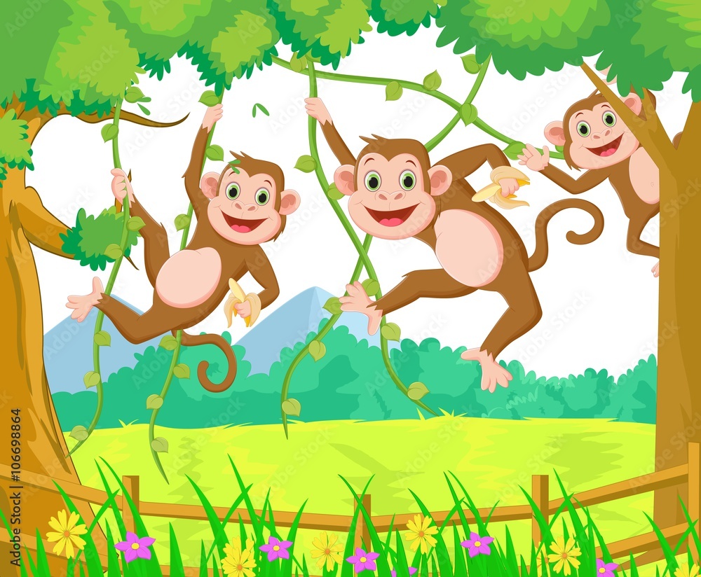 Fototapeta premium happy monkey cartoon playing in the forest