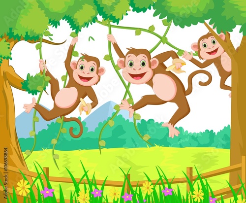 happy monkey cartoon playing in the forest