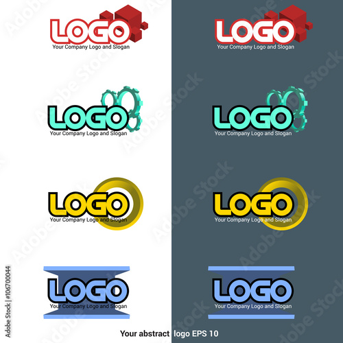 Construction Company Logotype Sign Templates. Logo with Bricks, Logo with Cogwheels, Logo with Gold Ring. Business Card. Digital background vector illustration.