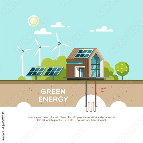 Green energy an eco friendly house - solar energy, wind energy, geothermal energy. Vector concept illustration.
