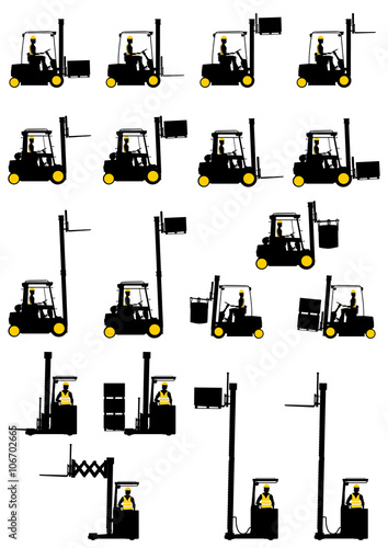 Silhouettes of forklifts on the white background. Vector