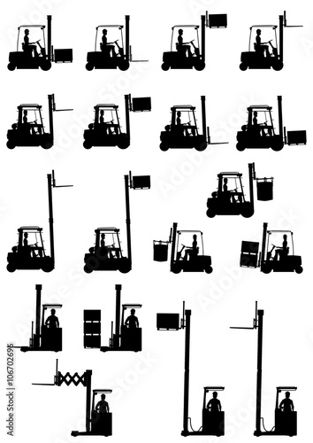Silhouettes of forklifts on the white background. Vector