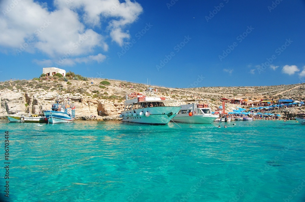 Crystal clear waters of the Blue Lagoon on Comino, Malta.