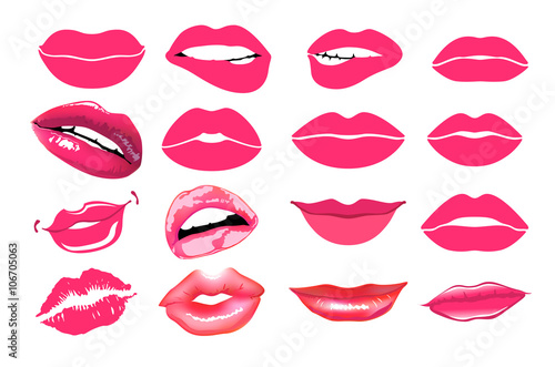 collage, pink lips.  Vector illustration. Lips set. design element. Woman's lip gestures set. Girl mouths close up with red lipstick makeup expressing different emotions. EPS10 vector.