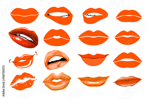 Orange lips. collage  Vector illustration. Lips set. design element. Woman's lip gestures set. Girl mouths close up with red lipstick makeup expressing different emotions. EPS10 vector.