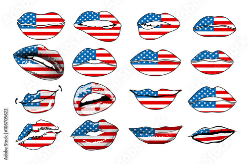 Flags of the USA in sensuality lips set women vector. america