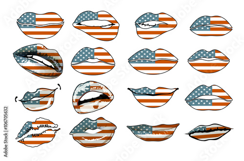 Flags of the USA in sensuality lips set women vector. america
