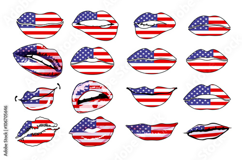 Flags of the USA in sensuality lips set women vector. america
