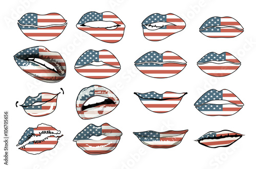Flags of the USA in sensuality lips set women vector. america