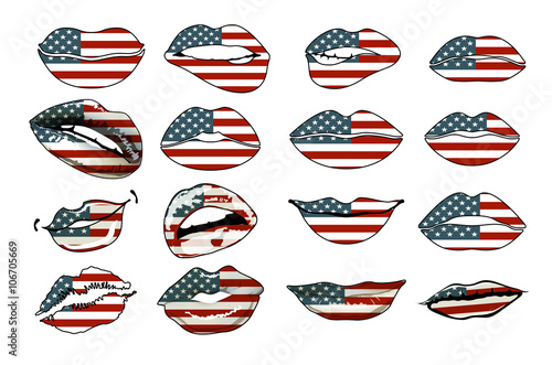 Flags of the USA in sensuality lips set women vector. america