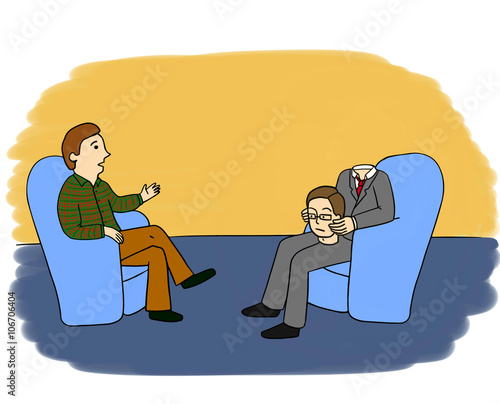 Psychology session: psychologist and his client are sitting in blue chairs. Client is holding his head on his knees. The separeted head symbolizes bad contact with his body. Humorous illustration photo