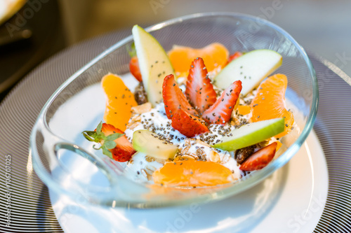 Healthy iogurt with fruits in a restaurant.