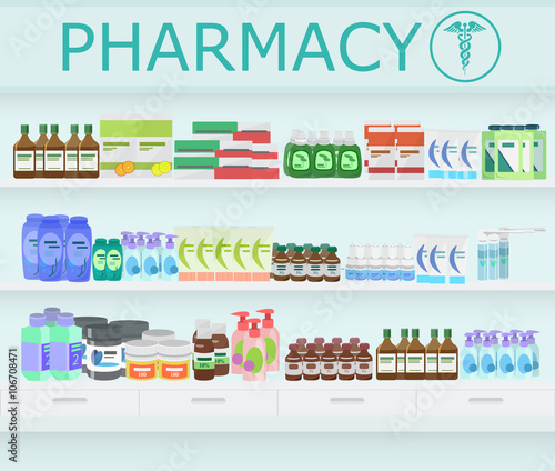 Modern pharmacy drugstore interior. Pills and Drugs with vitamins on Pharmacy Shelves.