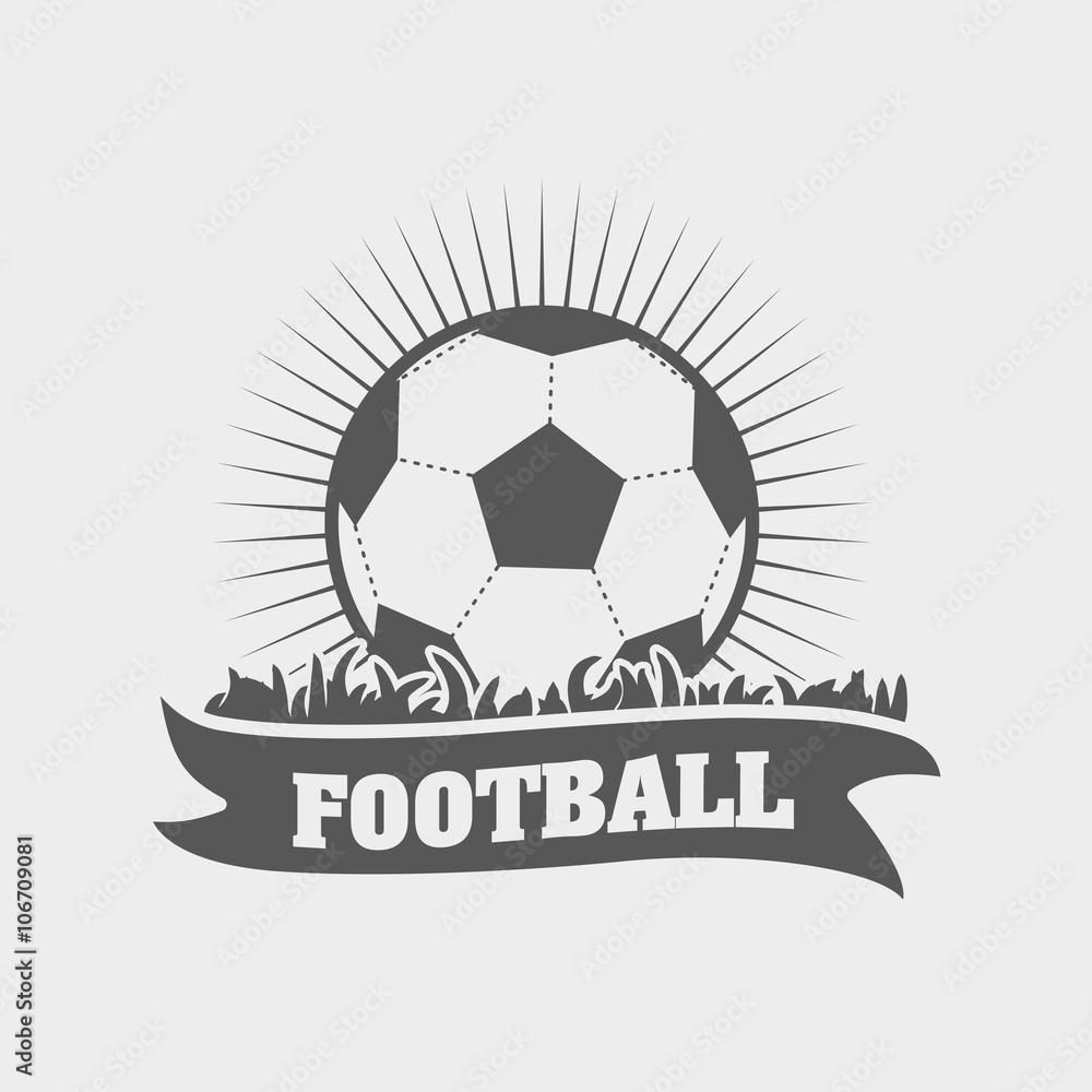 Football or soccer emblem, logo or label design template with ball on grass Football or soccer emblem, logo or label design template with ball on grass