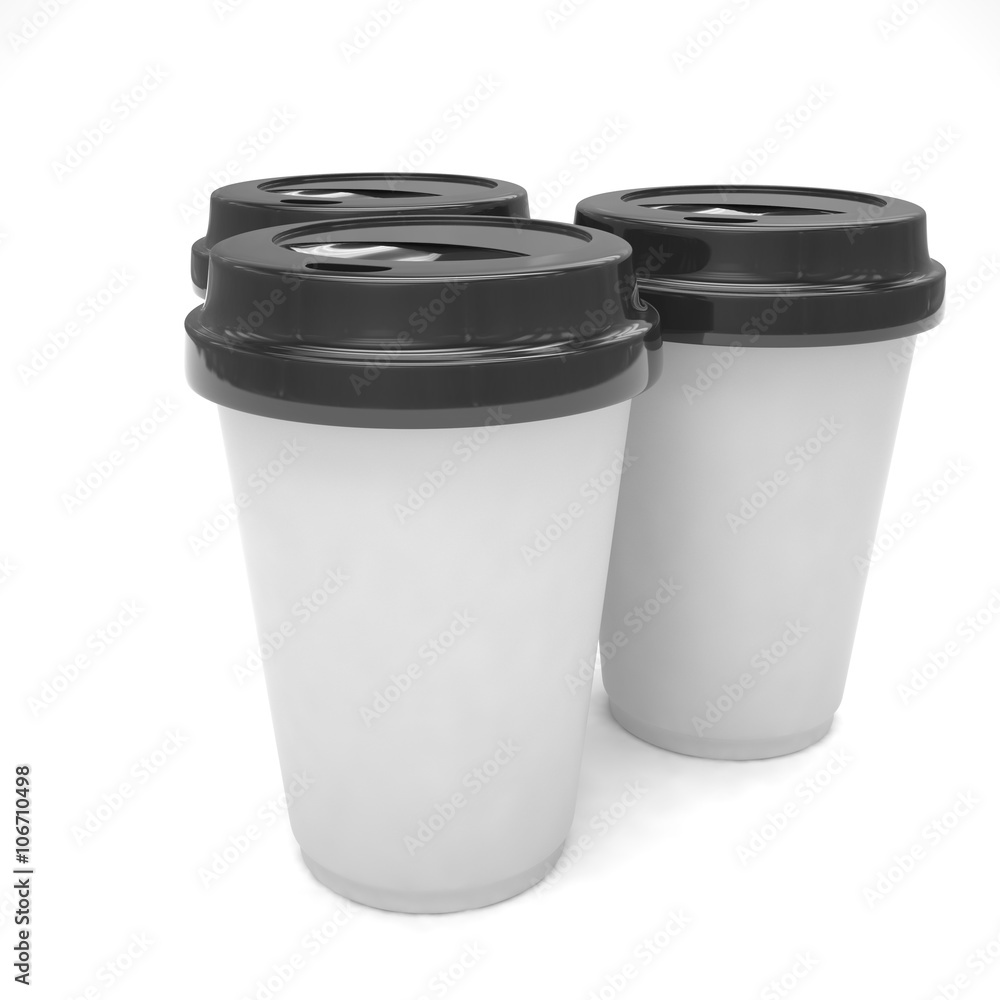 Three paper coffee cups. 3D rendering. Three paper coffee cups. 3D rendering.