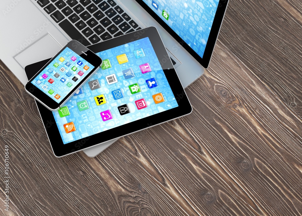 Laptop, phone and tablet pc. 3D rendering. Laptop, phone and tablet pc. 3D rendering.