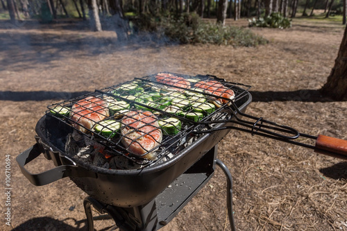 Picnic cooking outdoors with a grill. 