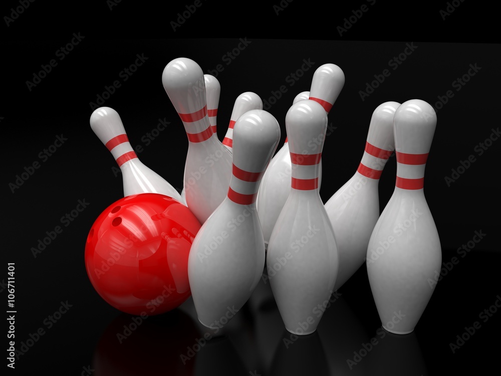 Bowling ball and skittles isolated. 3D rendering. Bowling ball and skittles isolated. 3D rendering.