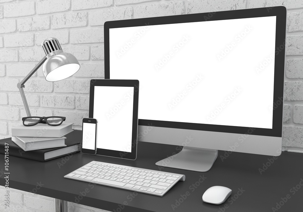 Fototapeta premium Responsive mockup screen. Monitor, tablet, phone on table in office. 3D rendering.
