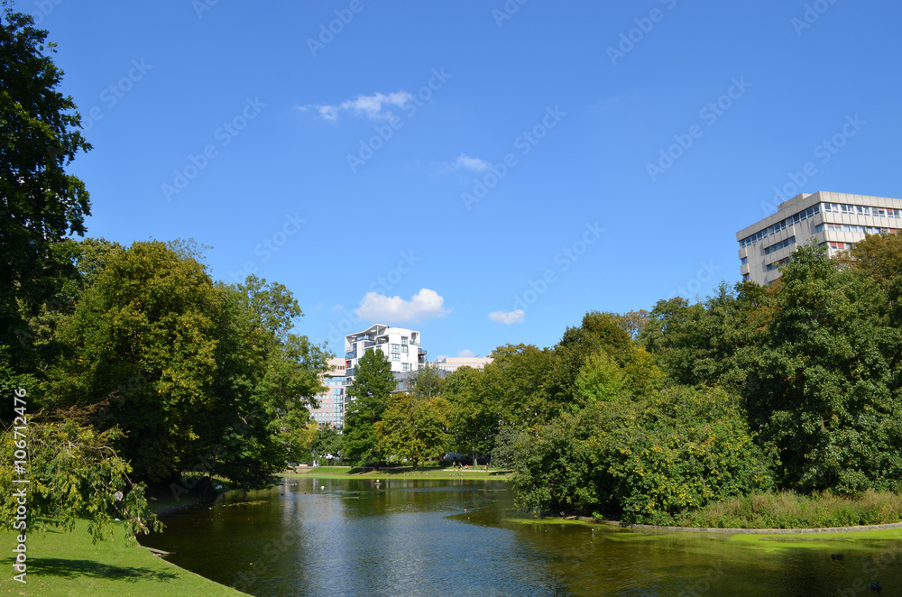 Large pond in summer in Leopold park, city of Brussels Large pond in summer in Leopold park, city of Brussels