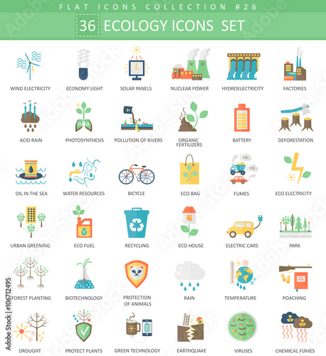 Vector Ecology color flat icon set. Elegant style design.