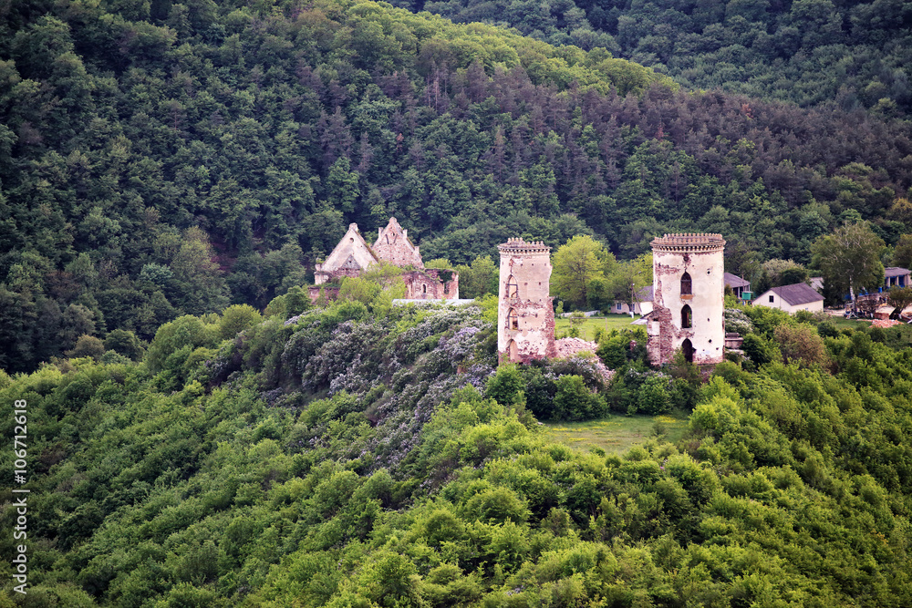 Ruins of old castle in the middle of the forest hills