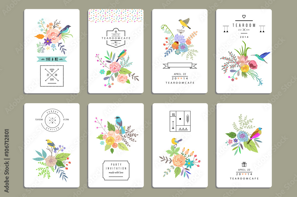 Hand Drawn vintage floral elements. Set of 8 cards with flowers - obrazy, fototapety, plakaty 