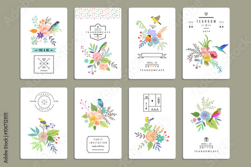 Hand Drawn vintage floral elements. Set of 8 cards with flowers