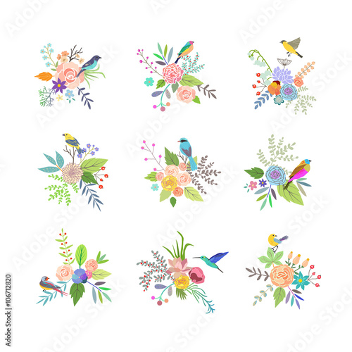 Hand Drawn vintage floral elements. Set of flowers with birds. 