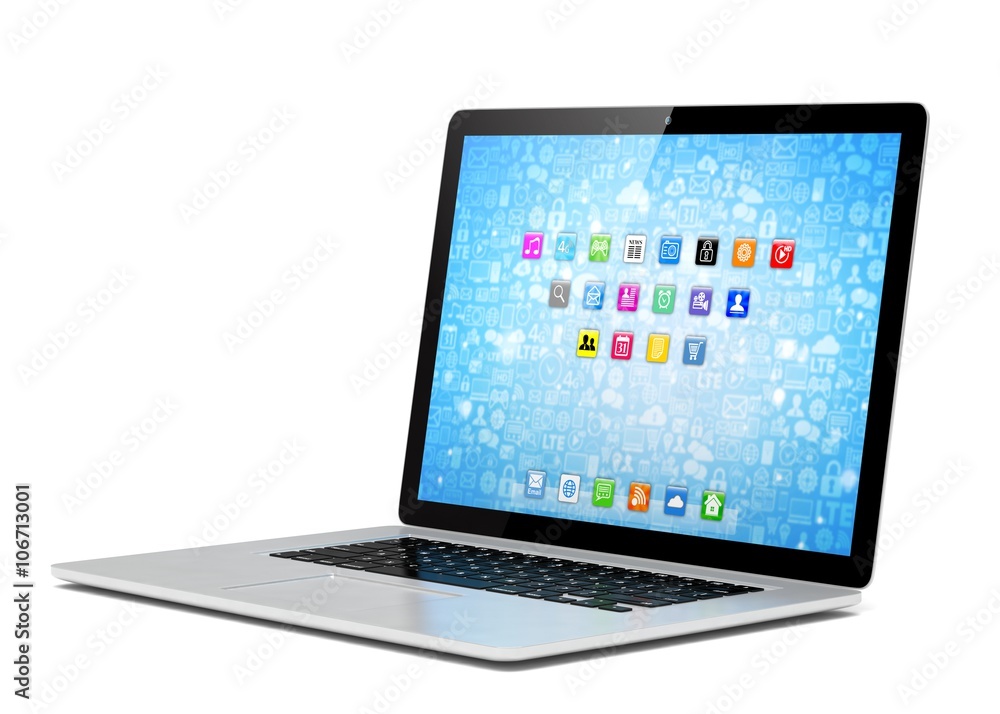 3d rendering of a laptop with blue wallpaper with app icon