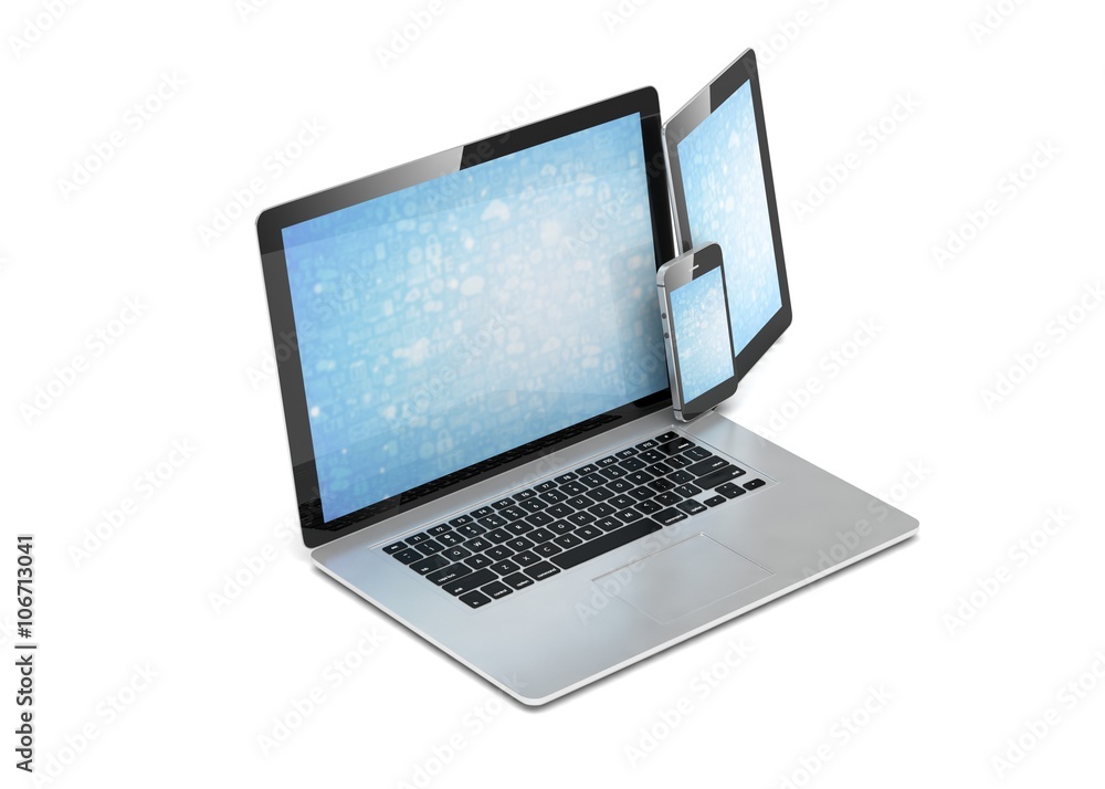 laptop, tablet, phone, on white. 3D rendering. laptop, tablet, phone, on white. 3D rendering.