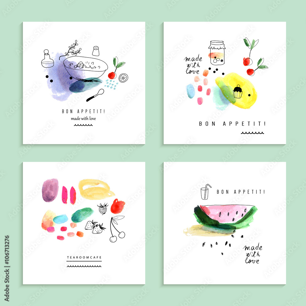 Watercolor art. Fruits, berries. Set of four creative cards.