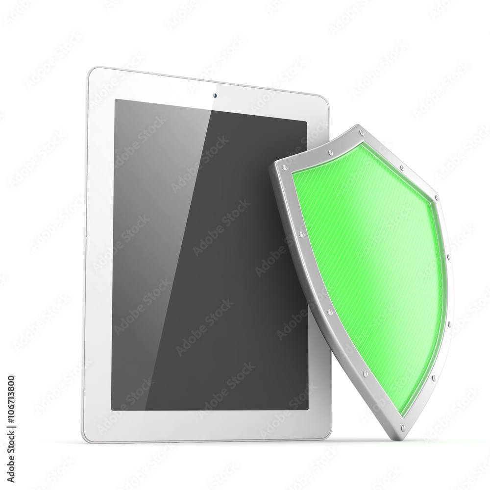 Tablet PC and shield on whute device security concept. 3D rendering. Tablet PC and shield on whute device security concept. 3D rendering.