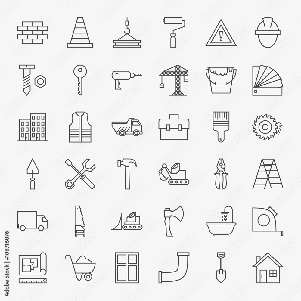 Building Construction Line Art Design Icons Big Set Stock Vector ...
