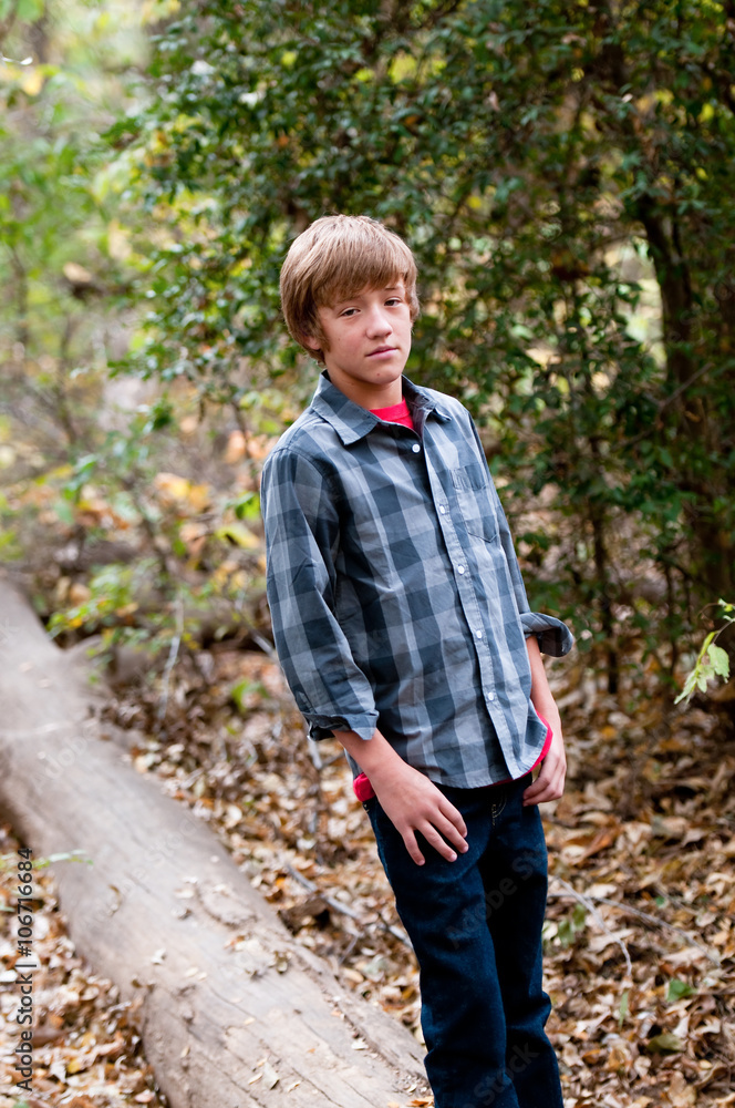 Young handsome boy standing on a log outdoors. Young handsome boy standing on a log outdoors.